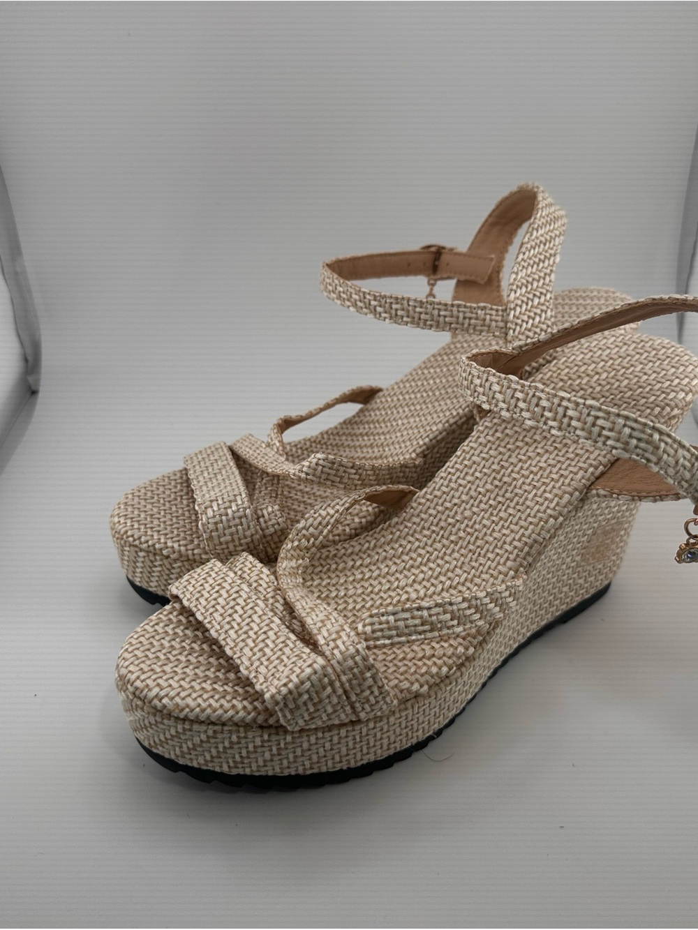 Woven Ankle-Strap Platform Wedge Sandals in Natural